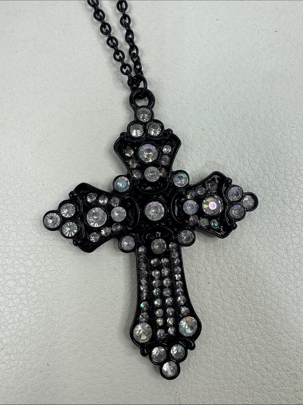 Crystal-Embellished Black Cross Pendant Necklace Statement Cross